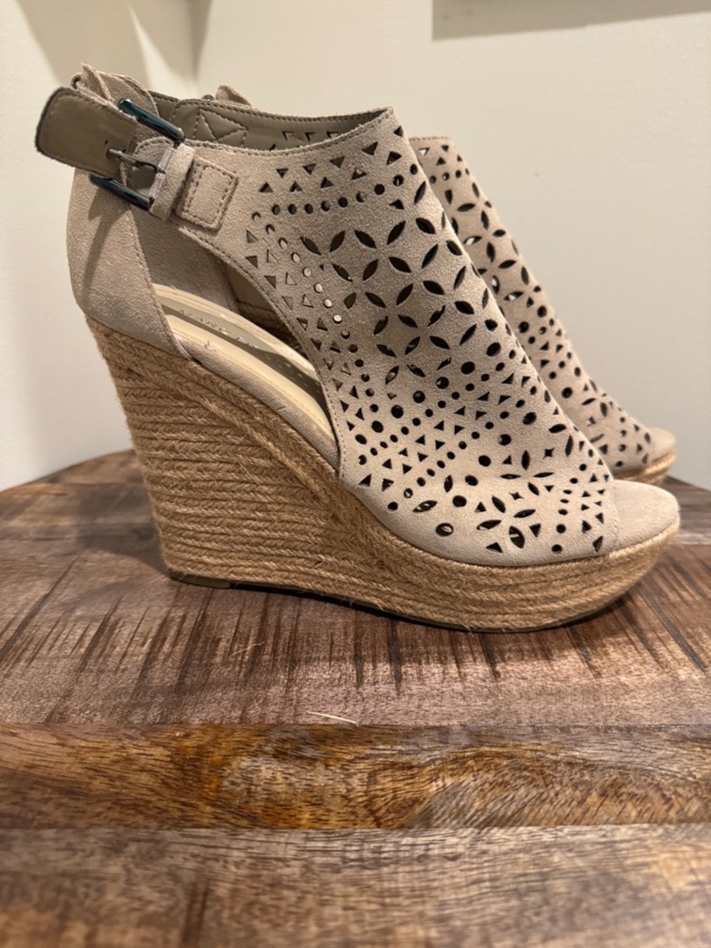 Marc Fisher Laser-Cut Suede Espadrille Wedges in Light Beige
